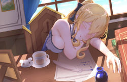 Rule 34 | 1girl, absurdres, bare shoulders, blonde hair, blue sky, blush, book, book stack, breasts, calligraphy brush, chair, cloud, commentary request, cup, curtains, day, desk, closed eyes, feathers, genshin impact, hair ribbon, high ponytail, highres, indoors, ink bottle, jean (genshin impact), large breasts, paintbrush, pen, picture frame, plate, ribbon, sidelocks, sky, sleeping, window, zeqi