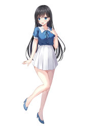Rule 34 | 1girl, absurdres, aoi mizuki, black hair, blue eyes, blue footwear, breasts, collared shirt, full body, hand on own chest, harimoji, high heels, highres, long hair, medium breasts, official art, open mouth, second-party source, shirt, shirt tucked in, skirt, smile, solo, standing, standing on one leg, virtual youtuber, voice-ore, white background, white skirt