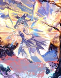 Rule 34 | 1girl, bell, bloomers, blue dress, blue eyes, blue hair, cirno, cloud, dress, hair bell, hair ornament, ice, ice wings, matching hair/eyes, puffy short sleeves, puffy sleeves, see-through, shirt, short sleeves, sky, socks, solo, sunset, touhou, tree, underwear, vima, white bloomers, white socks, wings