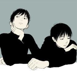 Rule 34 | 2boys, black hair, black shirt, head rest, head on arm, leaning, looking away, male focus, monochrome, multiple boys, muted color, original, re:i, shirt, side-by-side