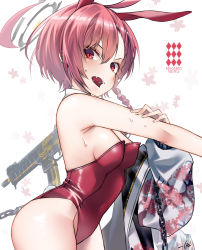 Rule 34 | 1girl, animal ears, arm up, bare shoulders, blue archive, braid, breasts, character name, cherry blossom print, commentary, cowboy shot, detached collar, english commentary, fake animal ears, fake tail, floral background, floral print, goro desu, gun, hair between eyes, halo, highleg, highleg leotard, highres, leotard, long sleeves, looking at viewer, lower teeth only, neru (blue archive), neru (bunny) (blue archive), official alternate costume, open mouth, pink hair, playboy bunny, rabbit tail, red eyes, red leotard, sharp teeth, signature, slit pupils, small breasts, solo, strapless, strapless leotard, sweat, tail, teeth, thighs, upper teeth only, v-shaped eyebrows, weapon
