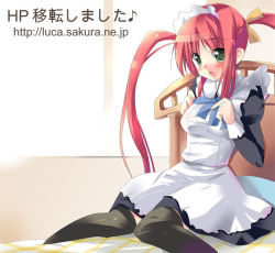 Rule 34 | 1girl, breasts, female focus, green eyes, indoors, maid, original, red hair, shigen, sitting, solo, thighhighs, twintails