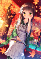 Rule 34 | 1girl, ama usa an uniform, apron, autumn leaves, blush, book, brown hair, chinomaron, closed mouth, commentary request, duplicate, dutch angle, feet out of frame, frilled apron, frills, gochuumon wa usagi desu ka?, green eyes, green kimono, hand up, highres, japanese clothes, kimono, leaf, long hair, long sleeves, maid apron, maple leaf, open book, pixel-perfect duplicate, polka dot, signature, sitting, smile, solo, striped clothes, striped kimono, tree, ujimatsu chiya, vertical-striped clothes, vertical-striped kimono, very long hair, water, white apron, wide sleeves