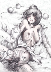 Rule 34 | 1girl, bad id, bad pixiv id, black hair, blouse, bottomless, breasts, brown eyes, colored pencil (medium), cum, cum in pussy, cum on body, cum on breasts, cum on lower body, cum on upper body, drooling, dungeon (chikaro), eyelashes, hat, looking at viewer, monochrome, navel, nipples, open clothes, open mouth, open shirt, cum overflow, penis, pubic hair, pussy, rape, realistic, scan, scan artifacts, sex, shameimaru aya, shirt, short hair, solo focus, spread legs, testicles, tokin hat, touhou, traditional media, uncensored, vaginal, veins, veiny penis, white background