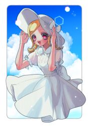 Rule 34 | 1girl, :d, archived source, bad id, bad twitter id, blonde hair, blue sky, border, braid, cloud, collared dress, cropped legs, day, dress, hands on headwear, hands up, hat, highres, looking at viewer, midorikaze fuwari, open mouth, outdoors, pretty series, pripara, puffy short sleeves, puffy sleeves, red eyes, short sleeves, sky, smile, solo, standing, sun hat, sundress, twin braids, white border, white dress, white hat, yuiitsu