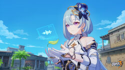 Rule 34 | 1girl, aged up, bare shoulders, blue hair, blue sky, chinese commentary, day, detached sleeves, dress, earrings, gloves, griseo, griseo (cosmic expression), highres, honkai (series), honkai impact 3rd, jewelry, leaf, light blue hair, official art, official wallpaper, outdoors, sky, smile, solo, upper body, white dress, white gloves, white sleeves