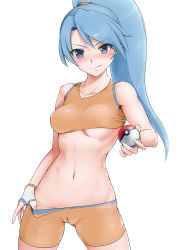 Rule 34 | 1girl, bare arms, bare shoulders, battle girl (pokemon), bike shorts, blue eyes, blue hair, blush, breasts, cameltoe, clothes pull, collarbone, comugico, covered erect nipples, cowboy shot, creatures (company), crop top, fingerless gloves, game freak, gloves, hand up, high ponytail, highres, holding, holding poke ball, light smile, long hair, midriff, navel, nintendo, no bra, no panties, npc trainer, orange shirt, orange shorts, poke ball, poke ball (basic), pokemon, pokemon oras, ponytail, pulled by self, shirt, shorts, shorts pull, simple background, skin tight, sleeveless, solo, standing, stomach, unaligned breasts, underboob, very long hair, white background