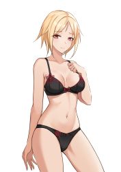 Rule 34 | 1girl, absurdres, black bra, black panties, blonde hair, bra, breasts, commentary, commission, girls&#039; frontline, hakugin006, hand up, highres, jewelry, looking at viewer, medium breasts, mp40 (girls&#039; frontline), panties, red eyes, resolution mismatch, ring, short hair, simple background, smile, solo, source smaller, underwear, underwear only, wedding band