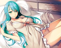 Rule 34 | 1girl, aqua hair, breasts, cleavage, copyright name, female focus, fingernails, green eyes, highres, indoors, kenja no mago, kikuchi seiji, large breasts, long fingernails, long hair, looking at viewer, lying, nightgown, nightgown lift, on back, panties, pillow, scan, sicily von claude, smile, solo, underwear