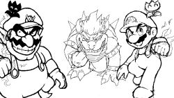 Rule 34 | bowser, bracelet, claws, clenched hand, dual persona, facial hair, fire, fire flower, fire mario, fire wario, flower, gloves, grin, jewelry, koopa, mario, mario (series), monochrome, mustache, nintendo, power-up, sharp teeth, shell, smile, spiked bracelet, spikes, super mario bros. 1, super mario land 2, suspenders, teeth, wario