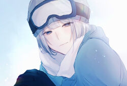 Rule 34 | 1boy, 91 1tada, black gloves, blue eyes, blue jacket, blunt bangs, blush, closed mouth, gloves, goggles, goggles on headwear, hanabusa atsukage, jacket, long sleeves, male focus, scarf, smile, solo, white background, white hair, white scarf, wind boys!, winter hat