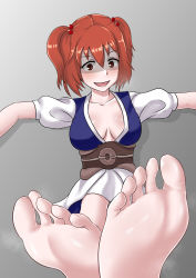 Rule 34 | 1girl, absurdres, barefoot, blush, brown eyes, brown hair, cookie (touhou), feet, foot focus, highres, looking at viewer, oirin, onozuka komachi, open mouth, pov, shaded face, soles, steam, toes, touhou, twintails