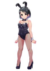 Rule 34 | 1girl, animal costume, animal ears, bare shoulders, black bow, black bowtie, black eyes, black footwear, black hair, black leotard, blush, bow, bowtie, breasts, collar, commentary, covered navel, cuffs, detached collar, fake animal ears, fishnet pantyhose, fishnets, hair ornament, hairclip, high heels, highres, idolmaster, idolmaster cinderella girls, legs, leotard, looking at viewer, pantyhose, playboy bunny, rabbit ears, rabbit hair ornament, sasaki chie, shift (waage), shoes, short hair, small breasts, strapless, strapless leotard, thighs, white background, wrist cuffs