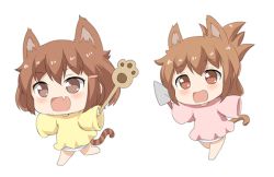 Rule 34 | 10s, 2girls, :d, alternate costume, animal ears, barefoot, brown eyes, brown hair, commentary request, fang, folded ponytail, full body, gale kawaii, hair ornament, hairclip, holding, ikazuchi (kancolle), inazuma (kancolle), kantai collection, long hair, multiple girls, open mouth, outstretched arms, ponytail, short hair, simple background, skin fang, sleeves past wrists, smile, spread arms, tail, white background, aged down