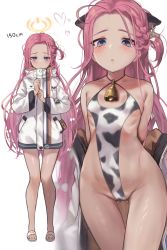 Rule 34 | 1girl, absurdres, animal ears, animal print, bare arms, bare shoulders, bell, blue archive, blue eyes, blush, braid, cow ears, cow print, cowbell, cowboy shot, ear tag, flat chest, forehead, full body, gluteal fold, halo, heart, height chart, highres, jacket, long hair, long sleeves, looking at viewer, multiple views, parted lips, pink hair, simple background, standing, swimsuit, torriet, white background, white jacket, yuzu (blue archive)