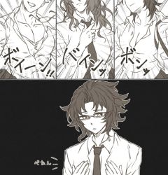Rule 34 | 4boys, bad id, bad twitter id, emphasis lines, glasses, granblue fantasy, greyscale, hands on own chest, head out of frame, lancelot (granblue fantasy), looking down, loose necktie, male focus, monochrome, multiple boys, muscle envy, necktie, pashi (pasi gbf), pectorals, percival (granblue fantasy), removing eyewear, sad, siegfried (granblue fantasy), vane (granblue fantasy)