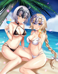 Rule 34 | 2girls, bad id, bad pixiv id, bare arms, bare shoulders, beach, bendy straw, bikini, black bikini, blonde hair, blue eyes, blue sky, blush, bow, braid, breasts, brown eyes, cleavage, cloud, collarbone, commentary request, cup, day, drink, drinking glass, drinking straw, fate/apocrypha, fate/grand order, fate (series), fisheye, hair bow, halterneck, harimoji, headpiece, highres, holding, holding cup, holding drinking glass, horizon, jeanne d&#039;arc (fate), jeanne d&#039;arc (ruler) (fate), jeanne d&#039;arc alter (avenger) (fate), jeanne d&#039;arc alter (fate), long hair, looking at viewer, low ponytail, multi-strapped bikini, multiple girls, navel, o-ring, o-ring bikini, o-ring bottom, o-ring top, ocean, open mouth, outdoors, palm tree, petals, ponytail, round teeth, sand, short hair, sidelocks, silver hair, single braid, sitting, sky, swimsuit, teeth, tree, upper teeth only, very long hair, water, white bikini, white bow