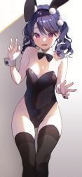 Rule 34 | 1girl, animal ears, bare shoulders, black hairband, black leotard, black thighhighs, blue hair, blush, breasts, commentary request, double w, embarrassed, eyebrows, fake animal ears, feet out of frame, female focus, fingernails, fukumaru koito, groin, hair between eyes, hairband, hand up, highres, idolmaster, idolmaster shiny colors, kuri choko, legs together, leotard, long hair, looking at viewer, open mouth, playboy bunny, purple eyes, rabbit ears, simple background, small breasts, solo, strapless, strapless leotard, thigh gap, thighhighs, twintails, w, wavy mouth, wrist cuffs