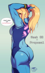 Rule 34 | 1girl, adjusting hair, arms up, ass, biceps, blonde hair, blue bodysuit, bodysuit, breasts, coffeeslice, commentary, cowboy shot, dimples of venus, english commentary, english text, from behind, green eyes, hair tie, highres, long hair, looking at viewer, medium breasts, metroid, metroid: zero mission, muscular, muscular female, neon trim, nintendo, ponytail, samus aran, skin tight, solo, speech bubble, standing, super smash bros., thick thighs, thighs, turning head, wristband, zero suit