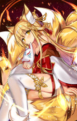 Rule 34 | 1girl, animal ears, arm support, bare shoulders, blonde hair, blush, breasts, closed mouth, collarbone, commentary request, commission, dutch angle, feet out of frame, fire, fox ears, fox girl, fox tail, fuepo, gold trim, hair ornament, highres, himeyuri (nyanko daisensou), japanese clothes, kimono, kitsune, kyuubi, light particles, long hair, long sleeves, looking at viewer, mask, multiple tails, nyanko daisensou, off shoulder, ponytail, red kimono, sitting, small breasts, solo, tail, thighhighs, very long hair, white thighhighs, wide sleeves, yellow eyes