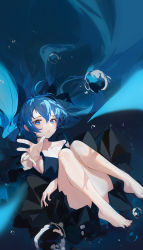 Rule 34 | 1girl, absurdres, air bubble, barefoot, black dress, blue eyes, blue hair, blue theme, breasts, bubble, collarbone, commentary request, dress, fingernails, full body, hair between eyes, hatsune miku, highres, lips, long hair, looking at viewer, reaching, reaching towards viewer, shenqi de (9), shinkai shoujo (vocaloid), small breasts, solo, strap slip, toenails, underwater, very long hair, vocaloid