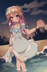 Rule 34 | 1boy, 1girl, beach, blue ribbon, blush, bracelet, choker, clothes lift, dress, dress lift, embarrassed, frilled dress, frills, holding hands, idolmaster, idolmaster cinderella girls, interlocked fingers, jewelry, legs, lifted by self, light brown hair, long hair, looking at another, multicolored hair, necklace, night, night sky, ninomiya asuka, ocean, out of frame, pink hair, purple eyes, ribbon, sky, smile, solo focus, star (sky), starry sky, tree, two-tone hair, walking, walking on liquid, white dress, zy jomi