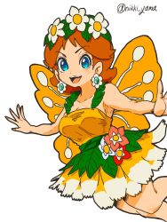 Rule 34 | 1girl, alternate costume, artist name, bare shoulders, blue eyes, breasts, brown hair, cleavage, earrings, fairy wings, flower, flower earrings, flower on head, grin, highres, jewelry, looking at viewer, mario (series), mario kart, mario kart tour, nikki yama, nintendo, open mouth, princess daisy, princess daisy (fairy), skirt, smile, wings