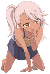 Rule 34 | 1girl, :q, absurdres, aged down, all fours, bare arms, bare shoulders, barefoot, blue skirt, blush, brown eyes, child, chloe von einzbern, closed mouth, collarbone, commentary, dark-skinned female, dark skin, fate/kaleid liner prisma illya, fate (series), feet, female focus, flat chest, full body, hand on own cheek, hand on own face, highres, long hair, looking at viewer, one side up, pink hair, pleated skirt, shirt, simple background, skirt, sleeveless, sleeveless shirt, smile, solo, striped clothes, striped shirt, tongue, tongue out, white background, yamamoto souichirou