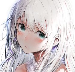 Rule 34 | bare shoulders, blush, close-up, closed mouth, commentary request, eyelashes, fur collar, green eyes, hair between eyes, hair over shoulder, haori io, head tilt, long hair, looking at viewer, messy hair, original, portrait, silver hair, simple background, solo, white background
