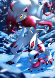 Rule 34 | absurdres, blurry, claws, closed mouth, commentary request, creatures (company), evolutionary line, footprints, furry, game freak, highres, hisuian zoroark, hisuian zorua, kaichi (tomiyu25), looking down, nintendo, outdoors, pokemon, pokemon (creature), signature, snow, snowing, standing, yellow eyes