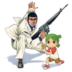 Rule 34 | 1boy, 1girl, arm up, assault rifle, azuma kiyohiko, collaboration, crossover, duke tougou, finger on trigger, formal, golgo 13, green eyes, green hair, gun, kneeling, koiwai yotsuba, m16, m16a1, manly, necktie, official art, outstretched arm, quad tails, rifle, saitou takao, simple background, suit, traditional media, water gun, weapon, white background, white suit, yotsubato!