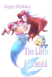 Rule 34 | 1girl, ariel (disney), blue eyes, flounder, highres, maian, mermaid, monster girl, red hair, sebastian (disney), the little mermaid