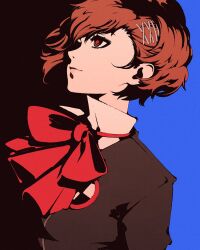 Rule 34 | 1girl, black jacket, blue background, bow, bowtie, brown eyes, brown hair, gekkoukan high school uniform, hair ornament, high contrast, jacket, light smile, looking up, moshimoshibe, persona, persona 3, persona 3 portable, ponytail, popped collar, red bow, red bowtie, school uniform, shiomi kotone, shirt, simple background, smile, solo, two-tone background, upper body, white shirt