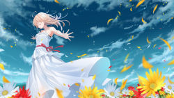 Rule 34 | 1girl, absurdres, ahoge, bare arms, bare shoulders, blonde hair, breasts, closed eyes, commentary request, day, dress, field, flower, flower field, foreshortening, from side, highres, long dress, long hair, medium breasts, mountainous horizon, original, outdoors, red flower, red ribbon, ribbon, sleeveless, sleeveless dress, smile, solo, standing, takenoko 27074918, white dress, white flower, yellow flower