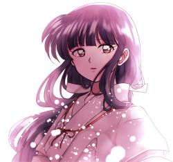 Rule 34 | 1girl, :o, black hair, blunt bangs, blush, brown eyes, commentary request, expressionless, eyelashes, hair tie, highres, inuko (nozomi1118), inuyasha, japanese clothes, kikyou (inuyasha), kimono, lips, long hair, looking at viewer, open mouth, parted lips, red ribbon, ribbon, sidelocks, simple background, solo, upper body, white background