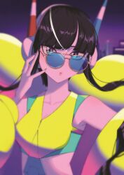 Rule 34 | 1girl, absurdres, black hair, blurry, blurry background, breasts, cleavage, collarbone, cometeau poke, commentary request, creatures (company), elesa (pokemon), game freak, headphones, highres, long hair, looking at viewer, medium breasts, nintendo, pink lips, pokemon, pokemon bw2, pursed lips, solo, sunglasses, upper body, yellow-framed eyewear