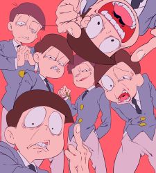 Rule 34 | 10s, 6+boys, anger vein, bad id, bad pixiv id, brothers, brown hair, cracking knuckles, fang, formal, hand in pocket, hands in pockets, key, looking at viewer, male focus, matsuno choromatsu, matsuno ichimatsu, matsuno jyushimatsu, matsuno karamatsu, matsuno osomatsu, matsuno todomatsu, middle finger, mochida64, multiple boys, osomatsu-kun, osomatsu-san, osomatsu (series), pink background, pointing, pointing at viewer, sextuplets, siblings, simple background, smile, suit