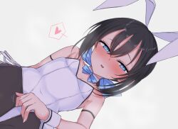Rule 34 | 1girl, animal ears, bare shoulders, black hair, black pantyhose, blue bow, blue eyes, blush, bow, breasts, collar, covered navel, detached collar, dutch angle, grey background, hair between eyes, hair bow, heart, layla (mino), leotard, looking at viewer, motion lines, nonono (mino), nose blush, original, pantyhose, playboy bunny, rabbit ears, simple background, small breasts, smile, solo, spoken heart, sweat, white collar, white leotard, wrist cuffs