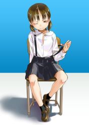 Rule 34 | 1girl, ;), black skirt, black socks, blue background, blush, brown eyes, brown footwear, brown hair, chair, commentary, dress shirt, artistic error, full body, holding strap, low twintails, mary janes, on chair, one eye closed, original, pleated skirt, school uniform, serafuku, shadow, shirt, shoes, short hair, short twintails, sitting, skirt, smile, socks, sody, solo, strap slip, suspender skirt, suspenders, teasing, twintails, unbuttoned, undressing, white shirt, wink