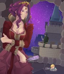 Rule 34 | 1boy, 1girl, blush, breasts, cleavage, collarbone, crown, dress, earrings, facing viewer, forehead jewel, hair intakes, jewelry, large breasts, lips, looking at another, mature female, mirelia q melromarc, night, nose, parted lips, purple eyes, purple hair, queen, short hair, sky, solo focus, standing, tate no yuusha no nariagari