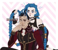 Rule 34 | 1boy, 1girl, arcane: league of legends, arcane jinx, arm up, bare shoulders, black gloves, black hair, black sclera, blue eyes, blue hair, blue nails, braid, chair, choker, closed mouth, collarbone, collared shirt, colored sclera, father and daughter, fingerless gloves, freckles, gloves, grey hair, grey scarf, hair ornament, heterochromia, highres, jinx (league of legends), joe the witch, league of legends, long hair, looking at another, multicolored hair, nail polish, pants, parted lips, pink nails, red eyes, red shirt, scar, scar across eye, scarf, shirt, silco (arcane), striped clothes, striped pants, twin braids, twintails, two-tone background, two-tone hair, two-tone pants, upper body, white background, wrinkled skin