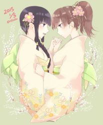 Rule 34 | 10s, 2015, 2girls, bad id, bad twitter id, black hair, blue eyes, blunt bangs, braid, branch, brown eyes, brown hair, dated, eye contact, floral print, flower, from side, hair flower, hair ornament, hair over shoulder, hair up, highres, holding hands, interlocked fingers, japanese clothes, kantai collection, kimono, kitakami (kancolle), long hair, looking at another, multiple girls, obi, ooi (kancolle), open mouth, plum blossoms, ponytail, profile, saki hajime, sash, sidelocks, smile, twitter username, yuri