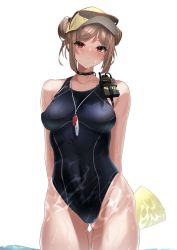 Rule 34 | 1girl, absurdres, alternate costume, arms behind back, bare shoulders, black choker, blue one-piece swimsuit, blush, breasts, choker, closed mouth, collarbone, competition swimsuit, covered navel, double bun, eyewear on headwear, feet out of frame, girls&#039; frontline, hair bun, highres, light brown hair, looking at viewer, medium breasts, medium hair, one-piece swimsuit, p90 (girls&#039; frontline), red eyes, resolution mismatch, rynn (rynn cube), solo, source larger, standing, sunglasses, swimsuit, wet, wet clothes, wet face, wet swimsuit, whistle, whistle around neck, white background, yellow headwear