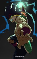 Rule 34 | 1boy, absurdres, angry, armor, artist name, bardock, battle damage, black hair, black pants, blood, blood on face, broken armor, cross scar, dragon ball, dragonball z, energy ball, facial scar, glowing, glowing eyes, headband, highres, horang4628, incoming attack, injury, looking at viewer, male focus, muscular, muscular male, pants, red headband, saiyan, saiyan armor, scar, scar on cheek, scar on face, scowl, simple background, sleeveless, solo, torn clothes, torn headband, torn pants, yellow eyes