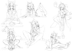 Rule 34 | +++, 1girl, animal ears, bag of chips, bandage on hair, bare legs, barefoot, boned meat, breasts, chips (food), cleavage, commentary request, crumbs, detached sleeves, eating, feet, food, geta, greyscale, hair between eyes, hat, highres, indian style, inubashiri momiji, iwashi (nisankatanso), japanese clothes, kimono, large breasts, legs, looking at viewer, lying, meat, monochrome, multiple views, notice lines, on stomach, one eye closed, open mouth, potato chips, sheath, sheathed, short hair, simple background, sitting, sketch, skirt, smile, soles, spoken food, squatting, squiggle, standing, standing on one leg, sword, tail, tengu-geta, the pose, thick eyebrows, toes, tokin hat, touhou, translation request, weapon, white background, wolf ears, wolf tail