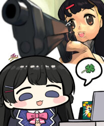 Rule 34 | 1girl, 1other, :3, aiming, aiming at viewer, ambiguous gender, animegao, black hair, black jacket, blazer, blue eyes, blush stickers, bow, bowtie, brown eyes, chibi, clover, collared shirt, computer, cosplay, foreshortening, four-leaf clover, gun, handgun, holding, holding gun, holding weapon, jacket, jazz jack, kigurumi, laptop, long hair, nazono mito, nijisanji, no sclera, open mouth, pink bow, pink bowtie, projected inset, school uniform, shirt, signature, smile, spoken symbol, tsukino mito, tsukino mito (1st costume), virtual youtuber, weapon, wig