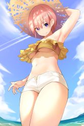 Rule 34 | 1girl, absurdres, arm up, armpits, bare arms, bare shoulders, bikini, blue eyes, blue sky, breasts, cloud, contrail, cowboy shot, day, from below, go-toubun no hanayome, hat, highres, looking at viewer, medium breasts, nakano ichika, navel, ocean, open fly, outdoors, pink hair, short hair, short shorts, shorts, sky, smile, solo, star741, stomach, strapless, strapless bikini, straw hat, swimsuit, thighs, underboob, white shorts, yellow bikini
