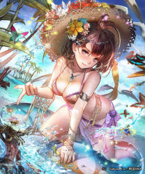 Rule 34 | bare shoulders, bikini, bird, blue sky, blush, bracelet, breasts, brown hair, bug, butterfly, day, dolphin, dutch angle, earrings, fingernails, flower, glint, green nails, hair flower, hair ornament, hairclip, hat, inflatable toy, insect, jewelry, kneeling, large breasts, liduke, looking at viewer, nail polish, necklace, ocean, official art, outdoors, palm tree, pointing, pointing at viewer, purple eyes, sarong, seagull, sengoku saga, short hair, sky, smile, solo, straw hat, swimsuit, tree, water, watermark
