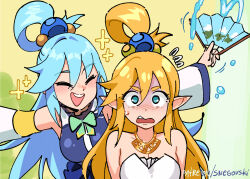 Rule 34 | 2girls, :d, alternate hairstyle, aqua (konosuba), bare shoulders, blue hair, blush, bow, bowtie, breasts, cleavage, closed eyes, dress, facing another, green bow, green bowtie, green eyes, hair focus, hair rings, half updo, happy, kono subarashii sekai ni shukufuku wo!, large breasts, magic, multiple girls, nintendo, open mouth, outstretched arms, pointy ears, princess zelda, shaded face, smile, snegovski, sparkle, the legend of zelda, the legend of zelda: breath of the wild, water, white dress