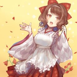 Rule 34 | 10s, 1girl, bow, brown eyes, brown hair, flower, hair bow, hairband, idolmaster, idolmaster cinderella girls, japanese clothes, lvetica, matching hair/eyes, nagatomi hasumi, open mouth, petals, short hair, sketch, smile, solo
